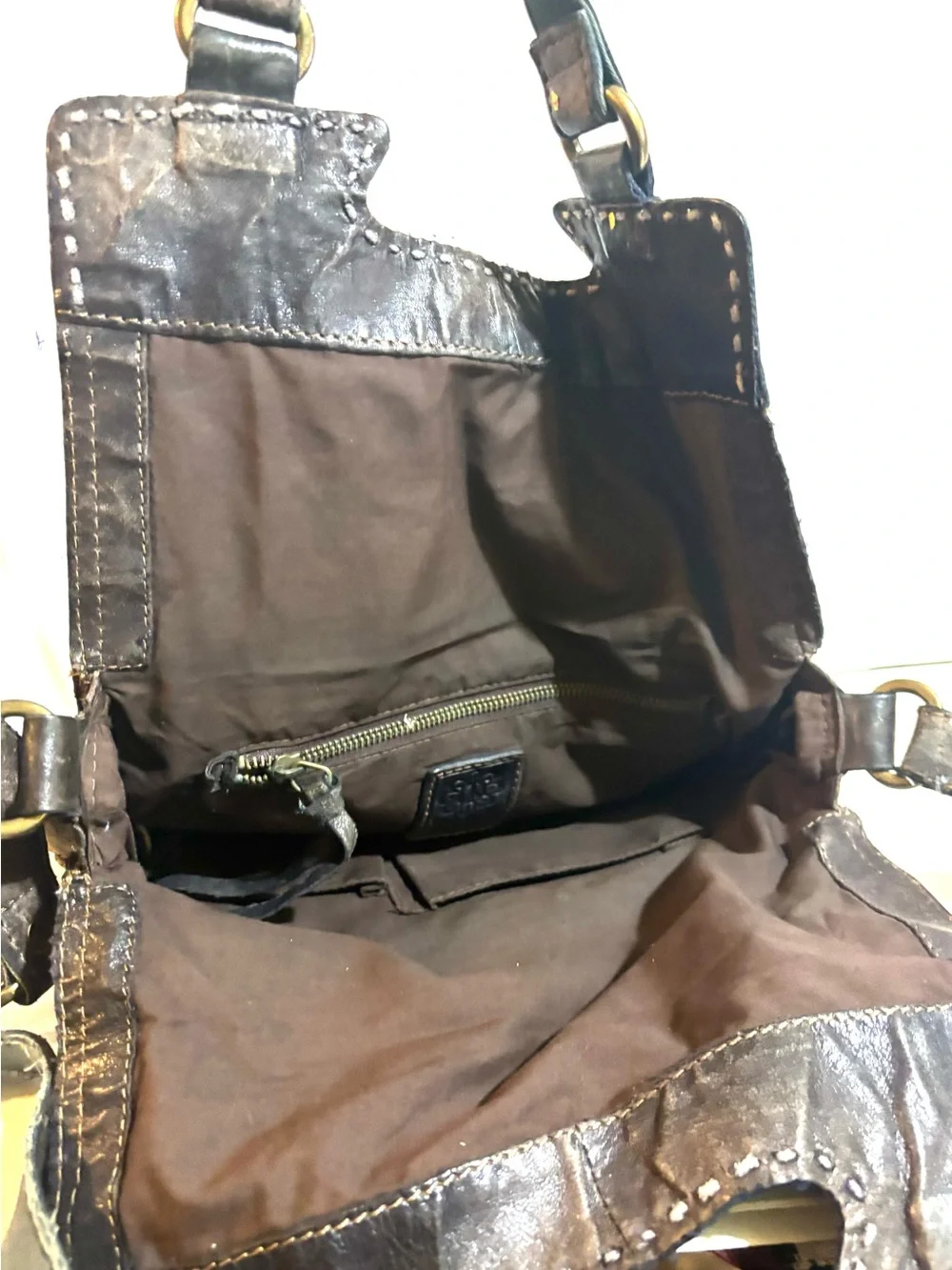 Lucky Brand distressed color blocking Dark Brown gray Leather crossbody bag